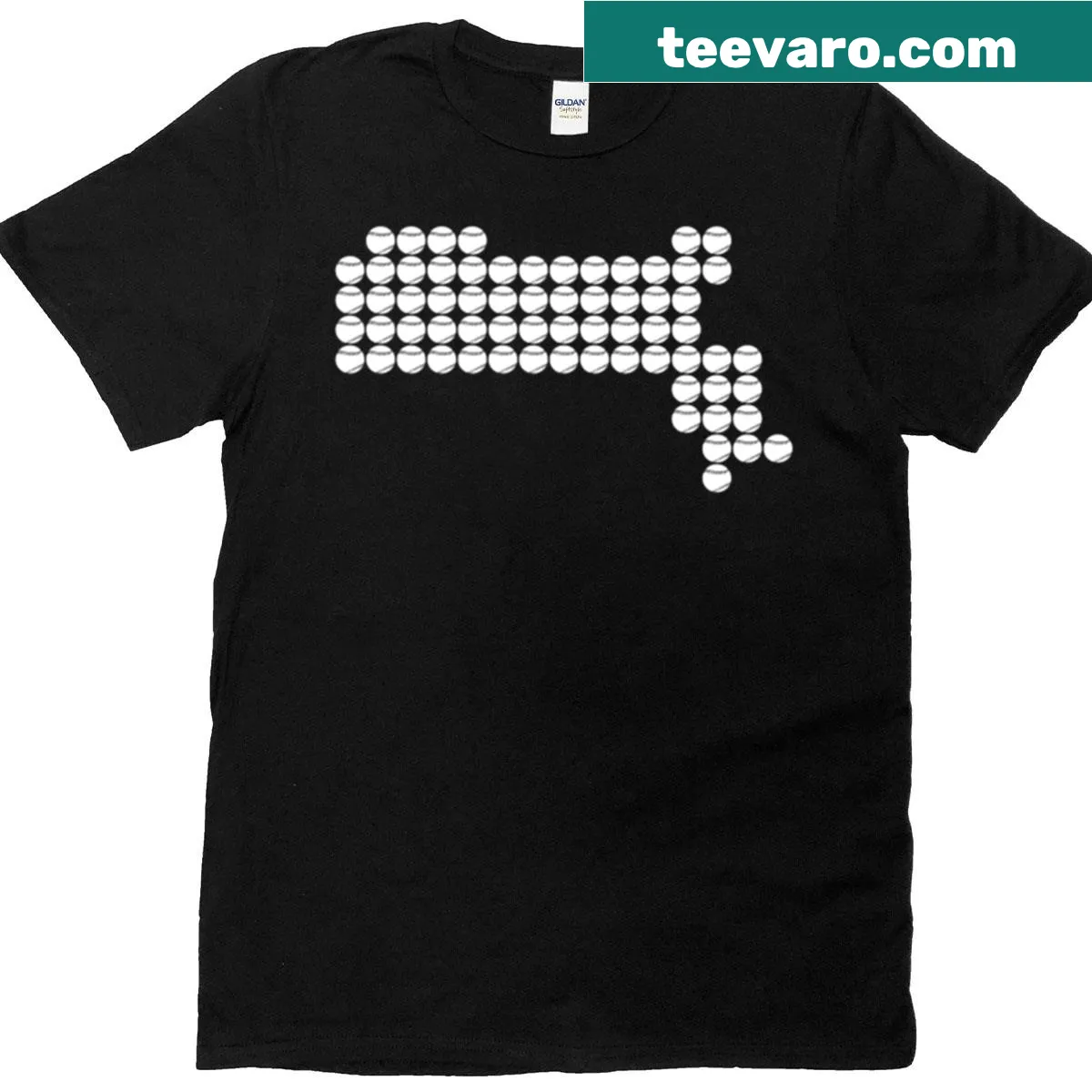 Oversized T-shirt with Massachusetts silhouette filled with baseball graphics — on a men's t-shirt