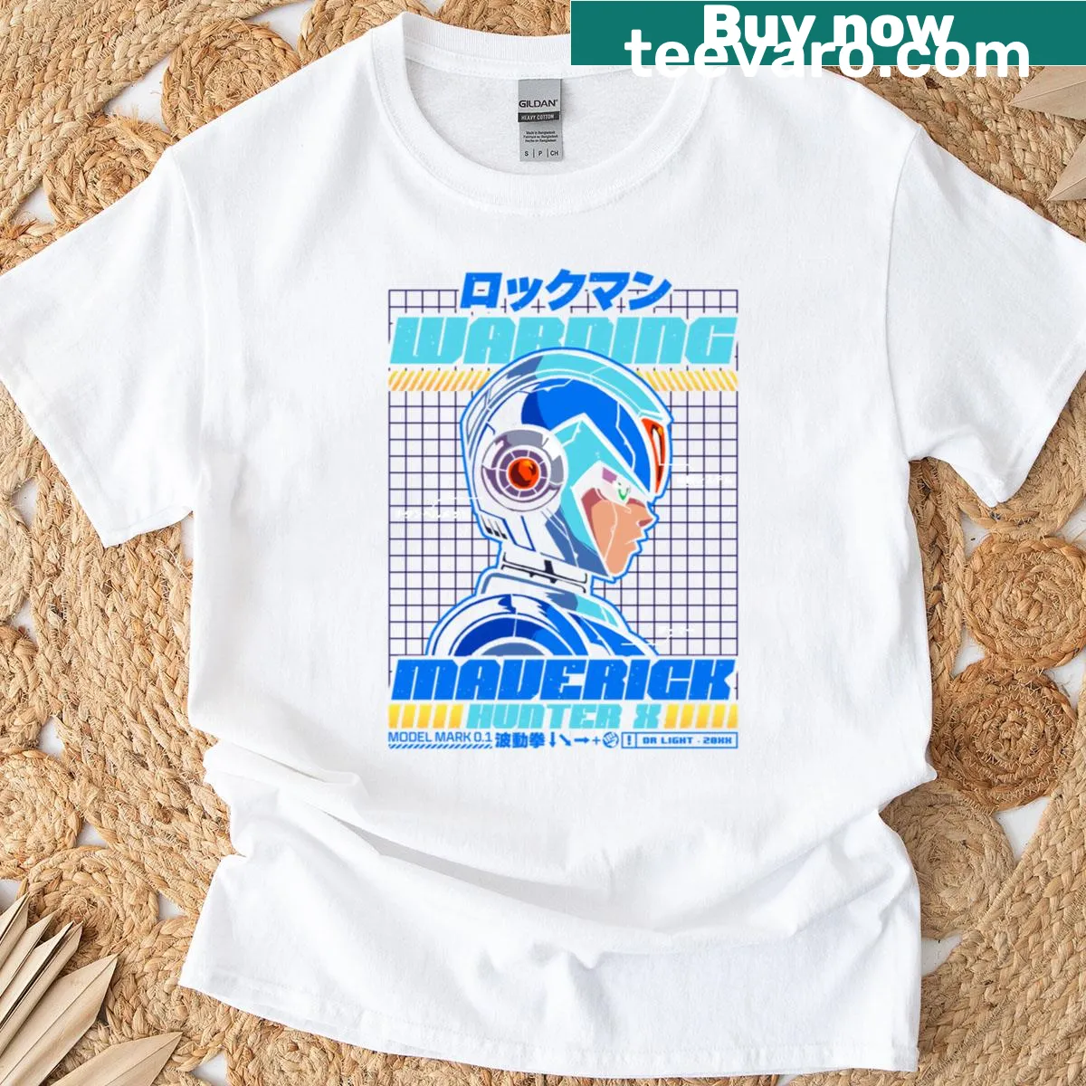 Illustration T-shirt featuring Megaman X Hunter character — on a men's t-shirt