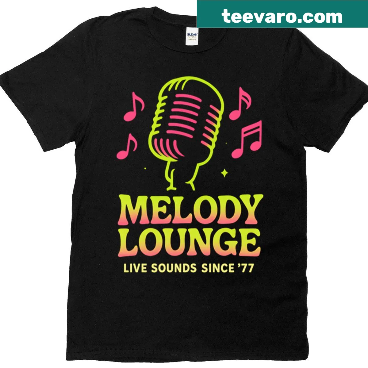 Retro microphone t-shirt with music notes design — on a men's t-shirt