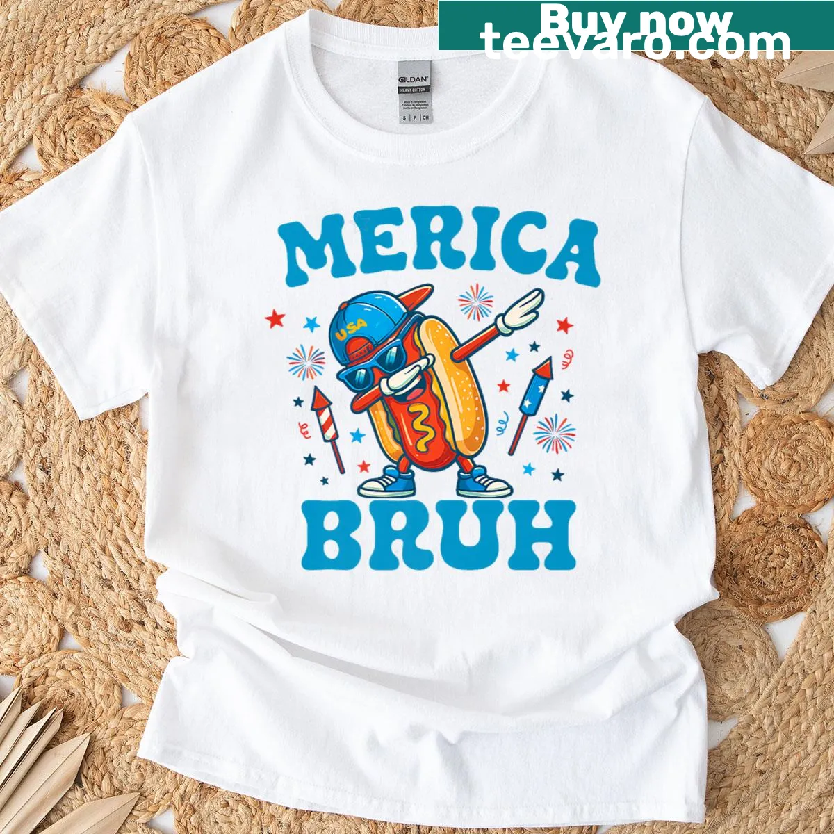 T-shirt featuring hot dog character dabbing with patriotic themes — on a men's t-shirt