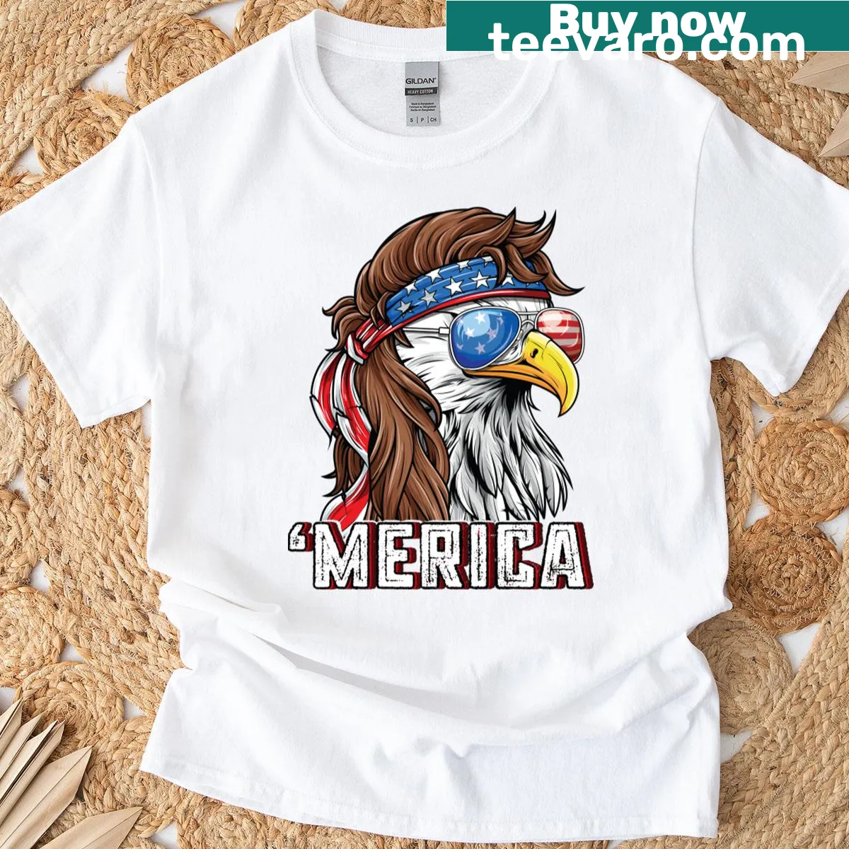 Bald eagle graphic over American flag for Fourth of July — on a men's t-shirt