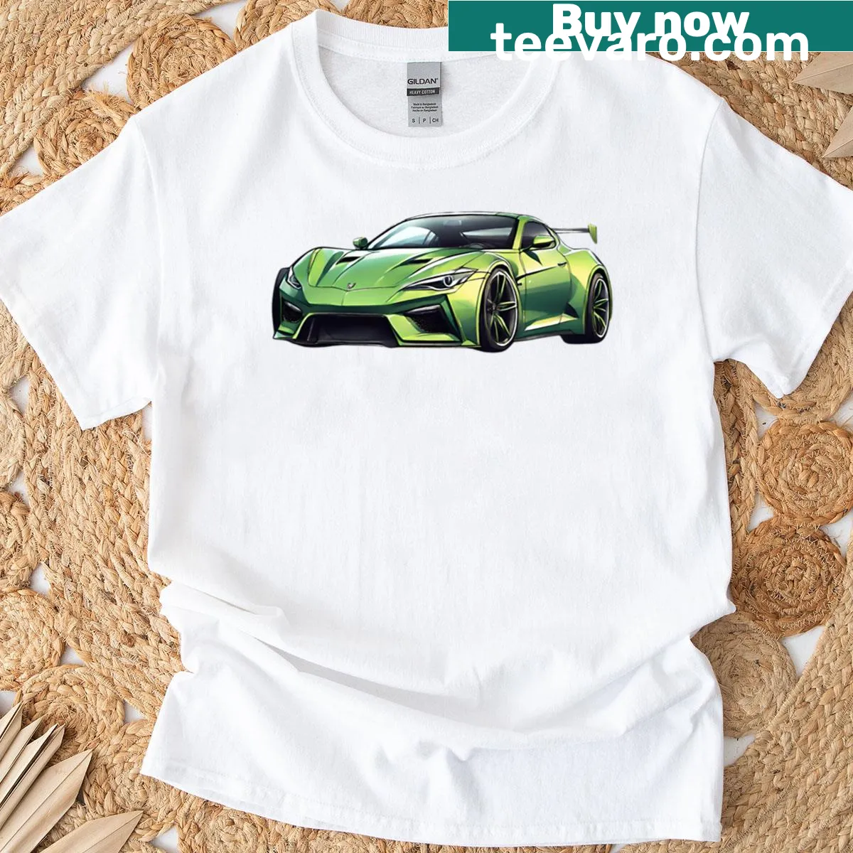 Illustration of a metallic green super sport car, appealing to car enthusiasts — on a men's t-shirt