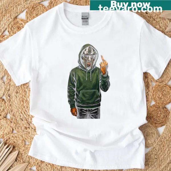 Vintage design T-shirt with MF Doom graphic flipping the bird, celebrating hip-hop culture