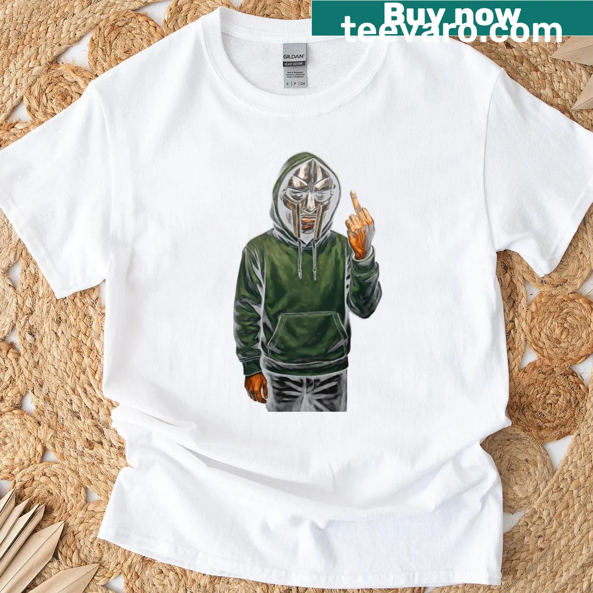 Vintage design T-shirt with MF Doom graphic flipping the bird, celebrating hip-hop culture — on a men's t-shirt