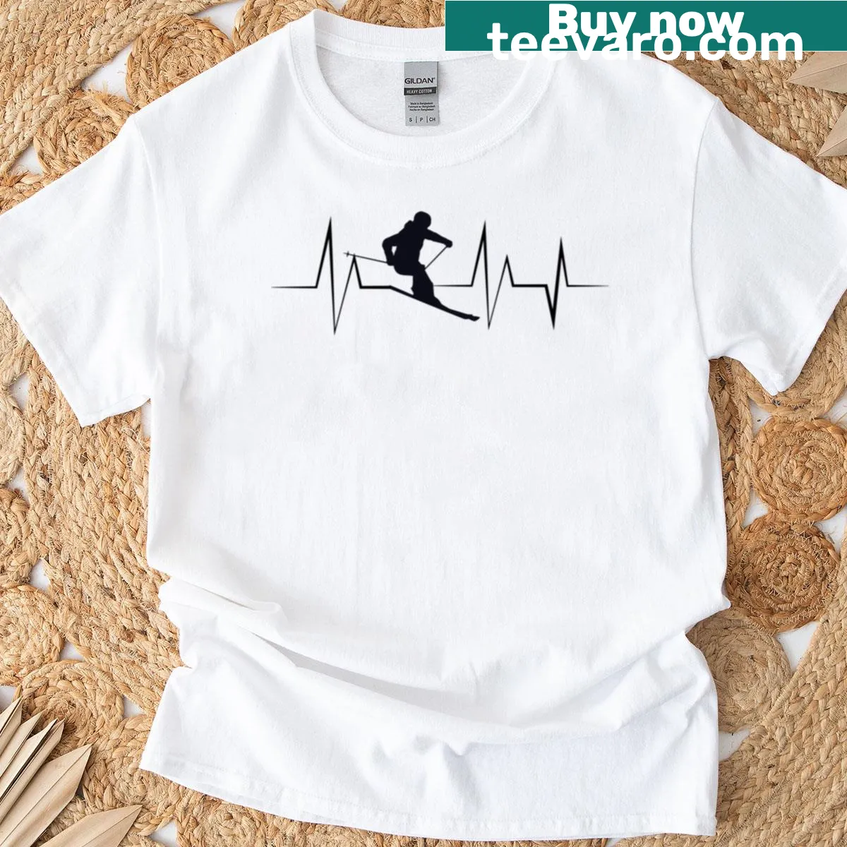 T-shirt with a skiing-themed graphic representing a heartbeat, perfect for ski lovers — on a men's t-shirt