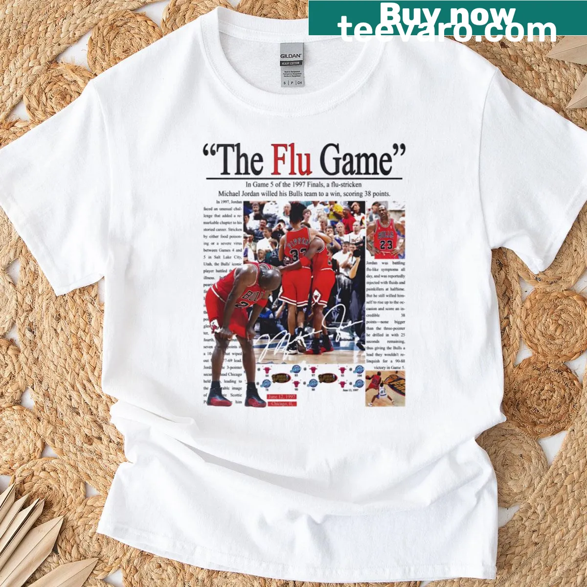 Illustration of Michael Jordan during the Flu Game on a T-shirt — on a men's t-shirt
