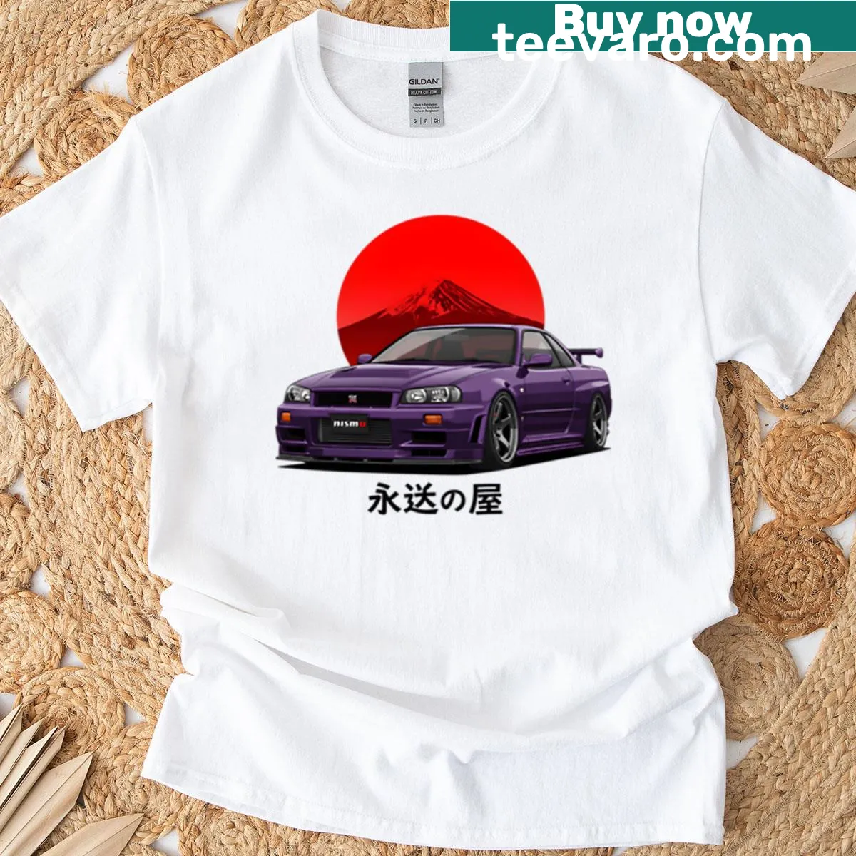 Illustrated R34 GT-R with Nismo lip and Fuji backdrop on T-shirt — on a men's t-shirt
