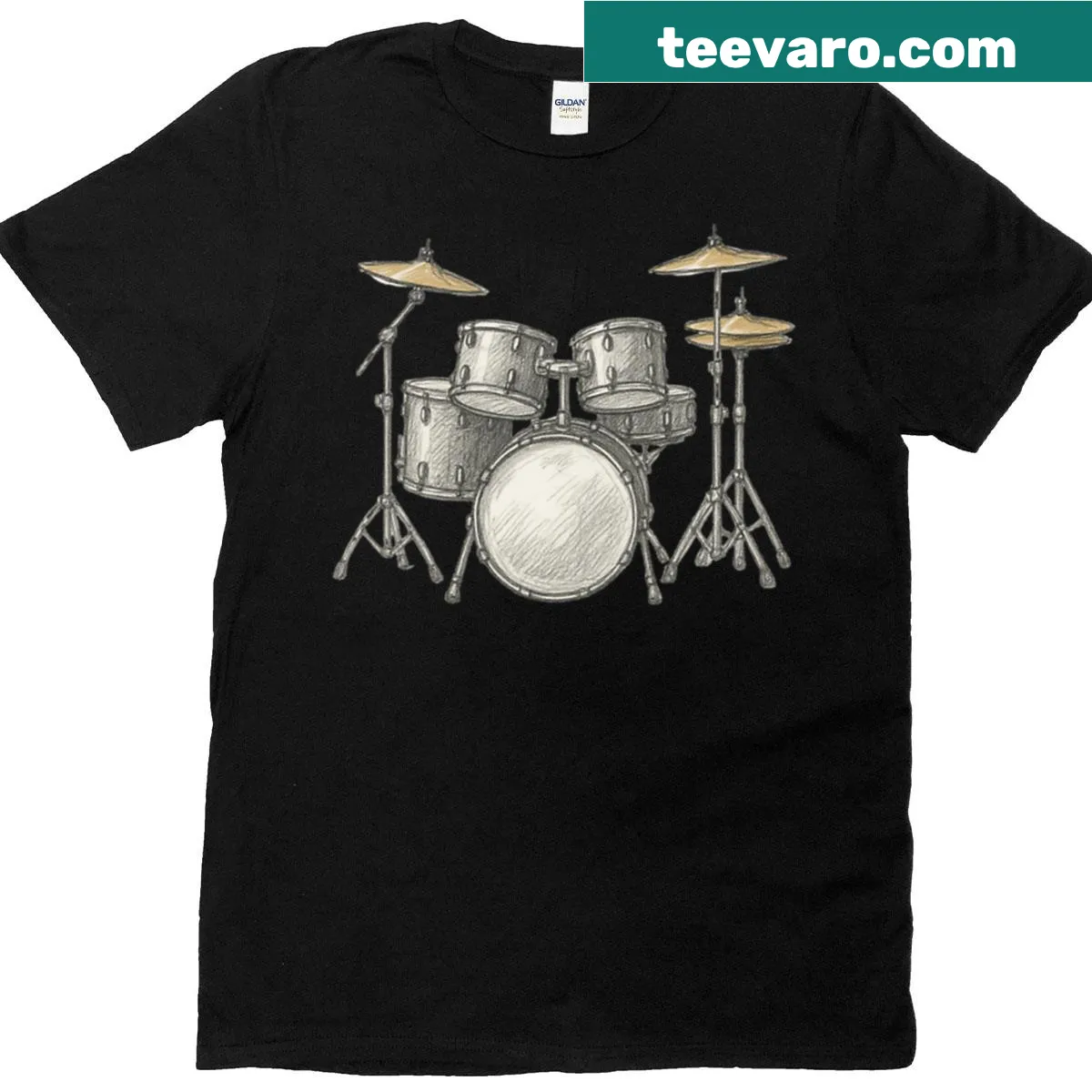 Minimalist drum set sketch graphic on t-shirt — on a men's t-shirt