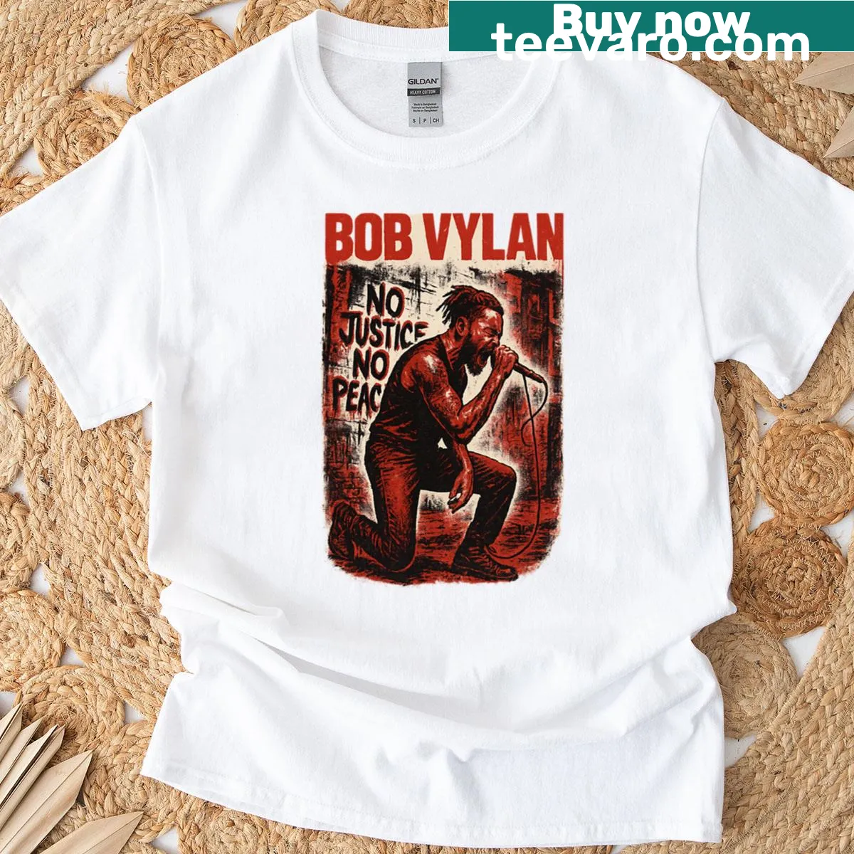 Text-based design inspired by Bob Vylan on oversized T-shirt — on a men's t-shirt