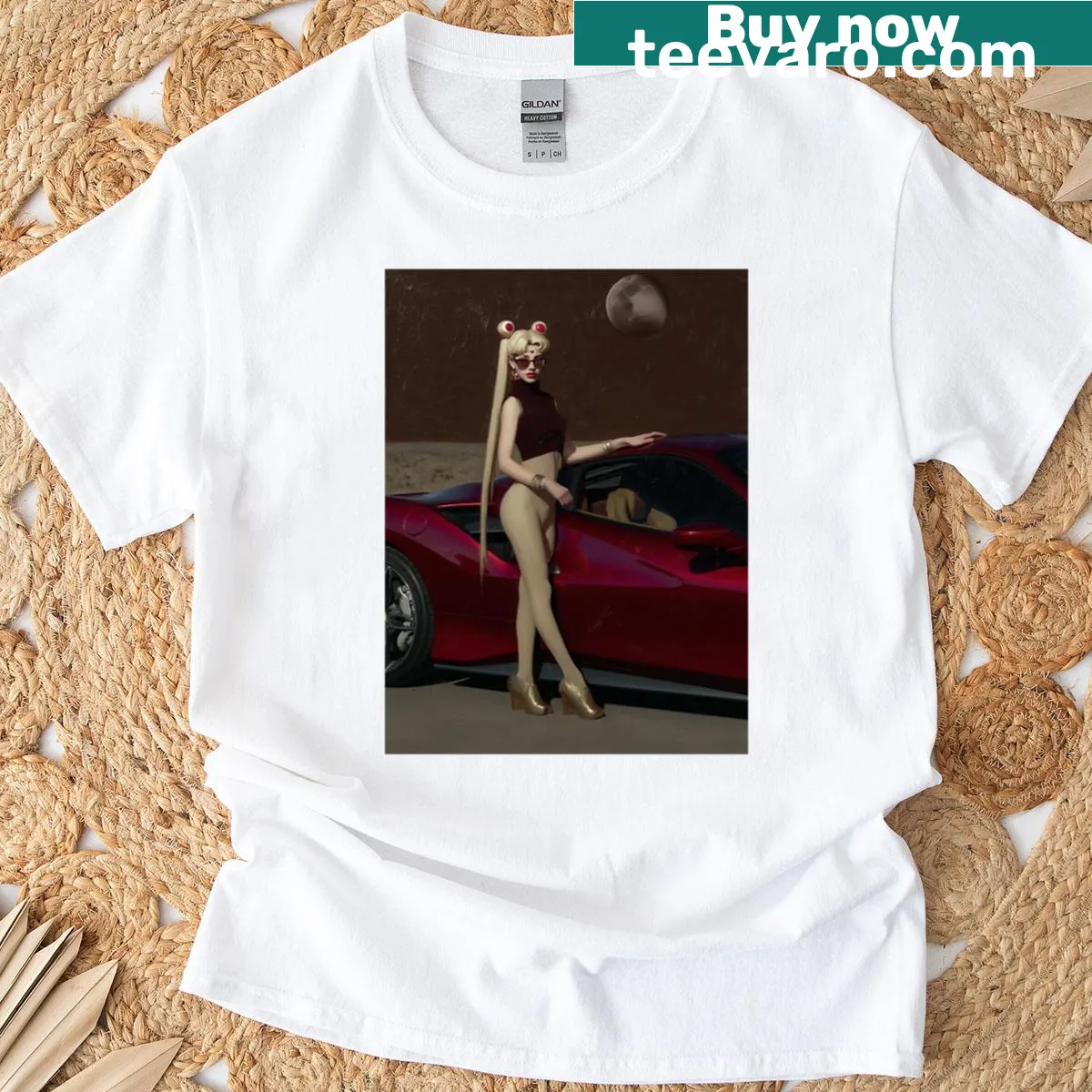 Bold graphic T-shirt featuring a fantasy diva in gold heels — on a men's t-shirt