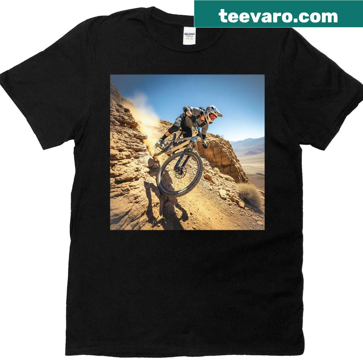 Bold illustration of a mountain biker on a steep cliff — on a men's t-shirt