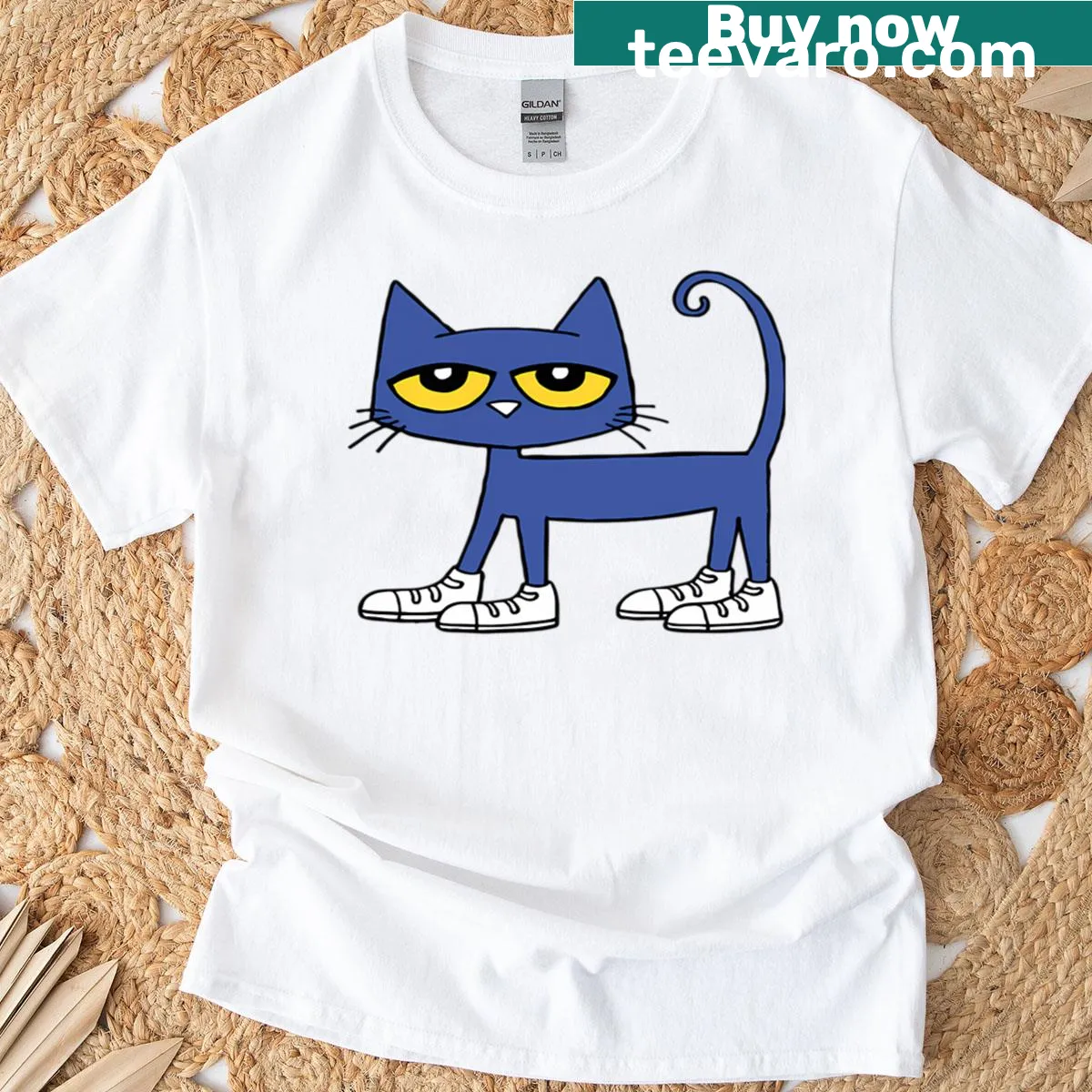 Vintage-style T-shirt with cartoon cat shoes and movie logo design. — on a men's t-shirt