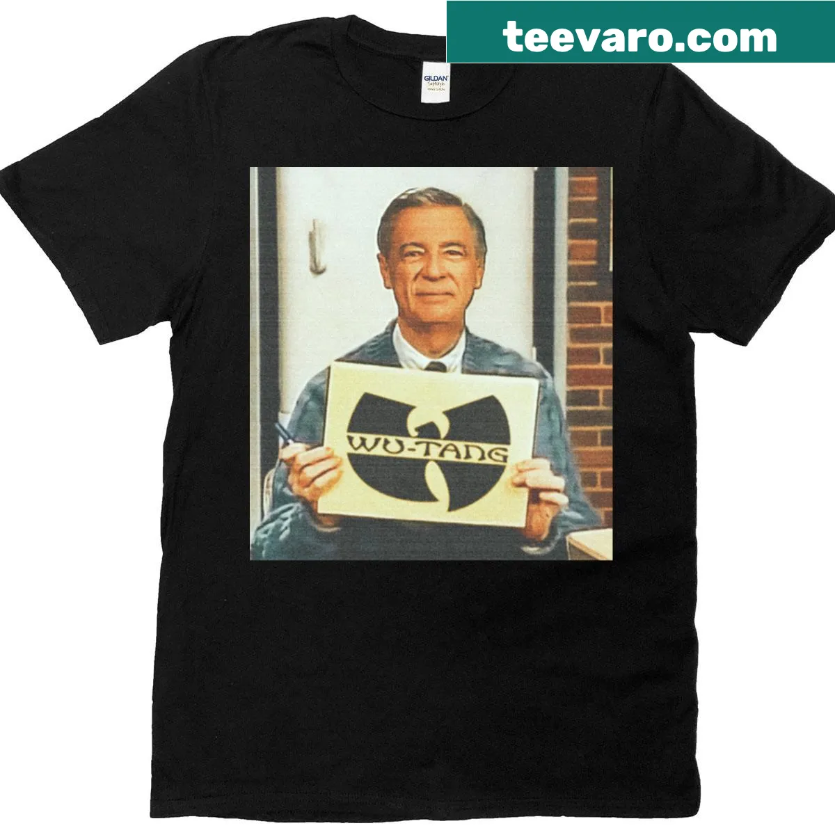 Mr. Rogers t-shirt featuring DJ turntables and Wu-Tang Clan design — on a men's t-shirt