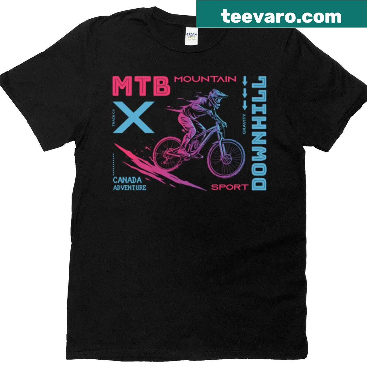 Mountain biking t-shirt with biker graphic and adrenaline theme — on a men's t-shirt