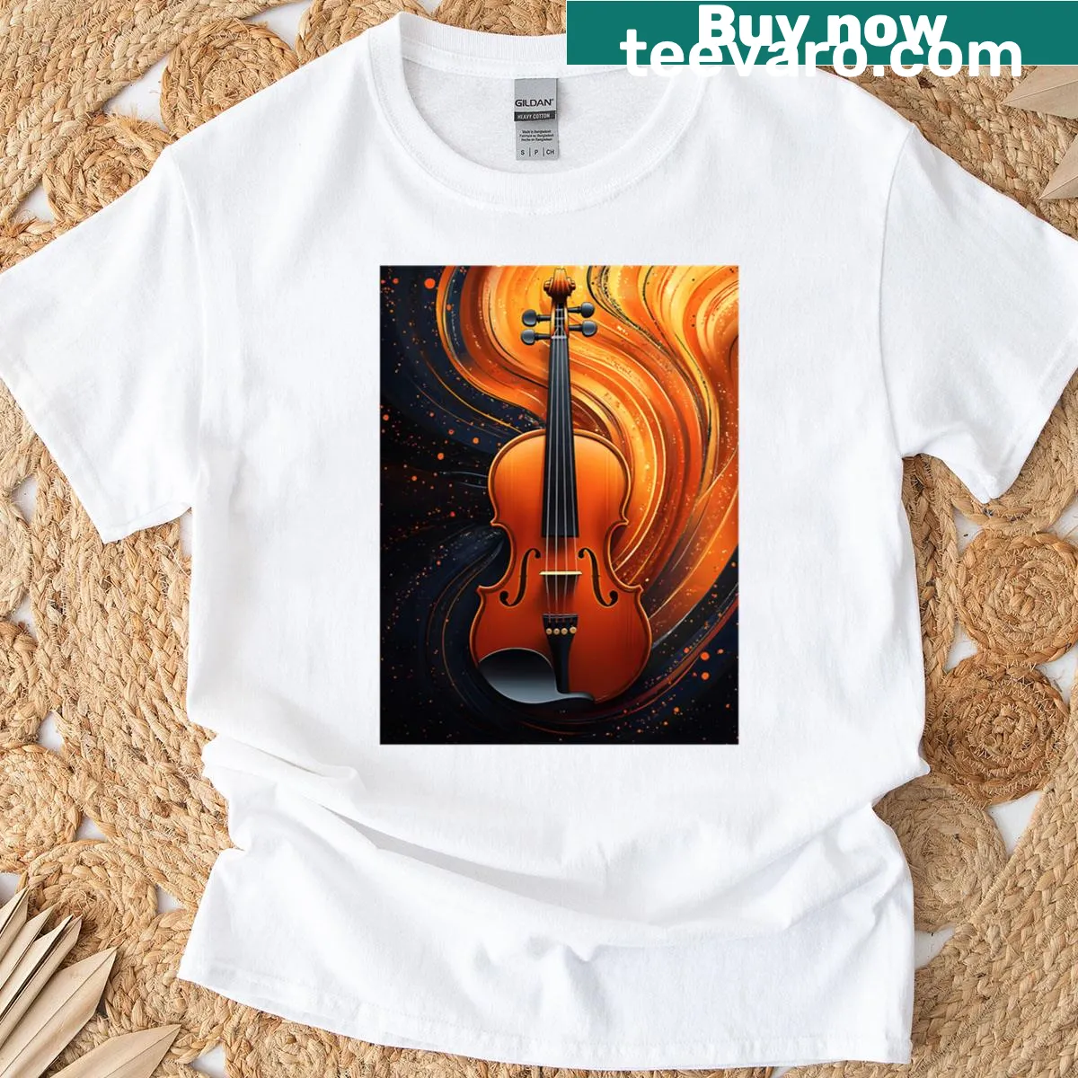 Artistic t-shirt featuring an elegant orange violin illustration — on a men's t-shirt