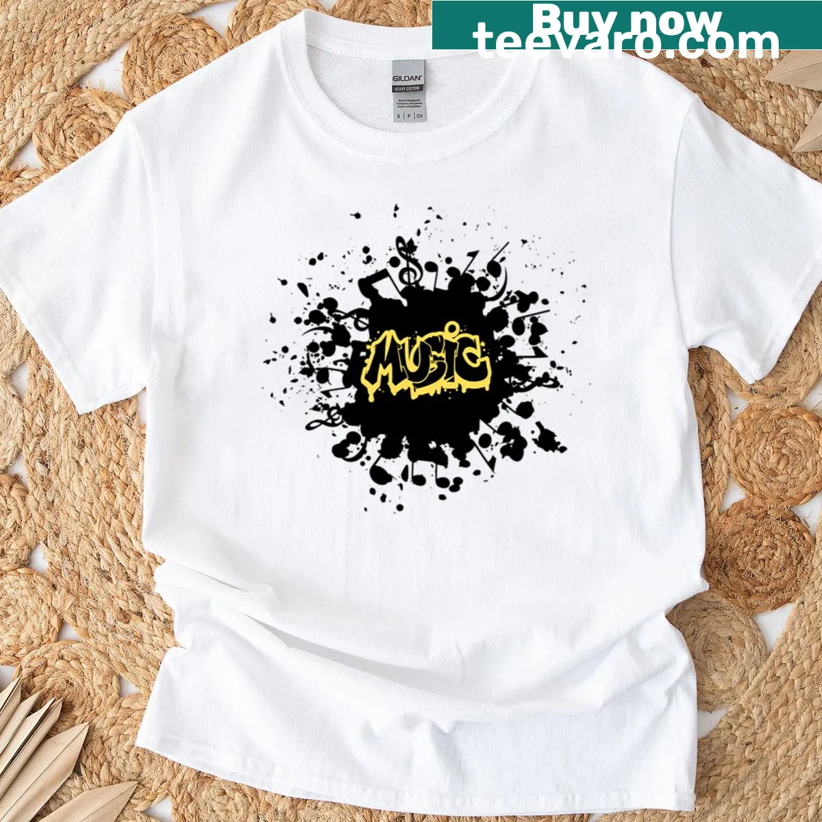 Illustrative Music Street Art T-shirt featuring musical and urban elements — on a men's t-shirt