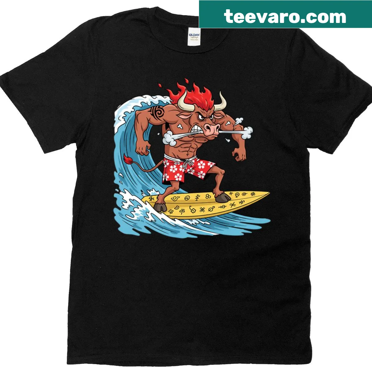 Whimsical T-shirt featuring a mythical bull and surfer spirit — on a men's t-shirt