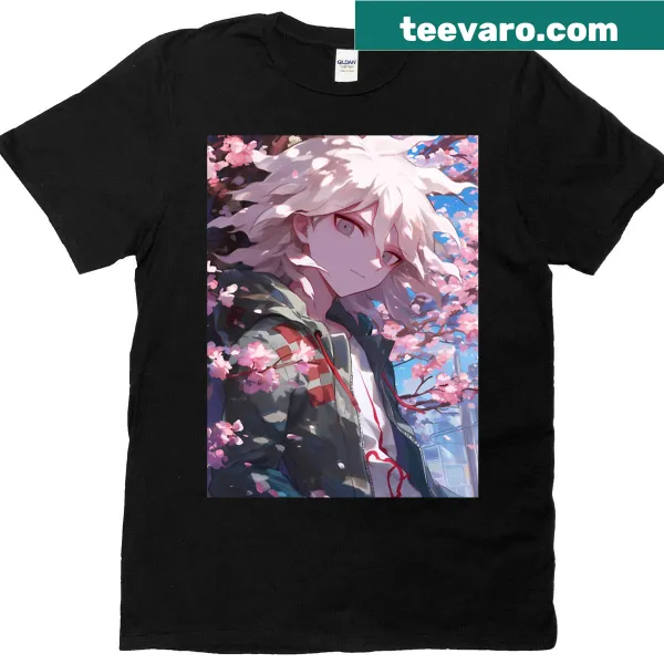 Nagito Komaeda under cherry blossoms, a serene anime-themed T-shirt.