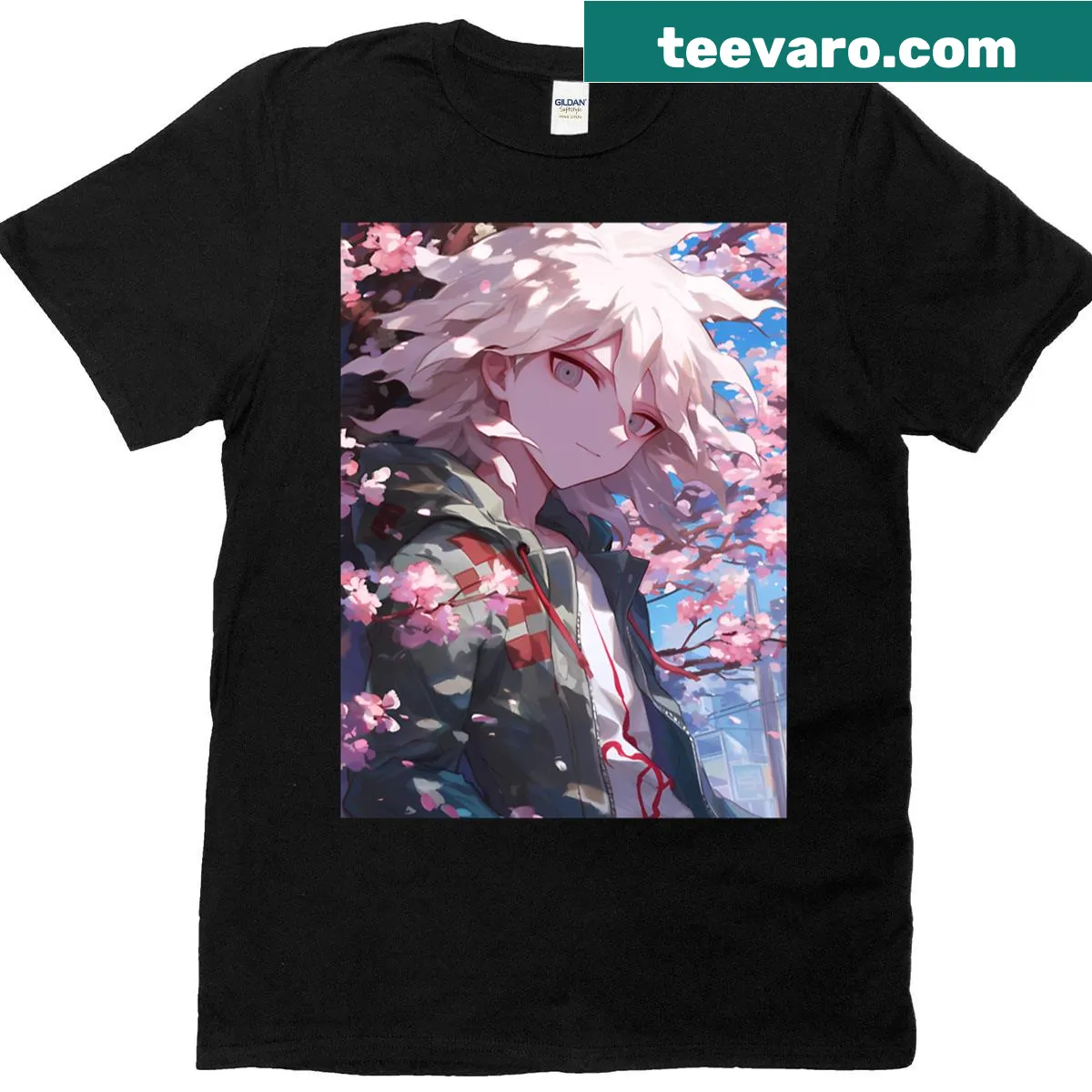 Nagito Komaeda under cherry blossoms, a serene anime-themed T-shirt. — on a men's t-shirt