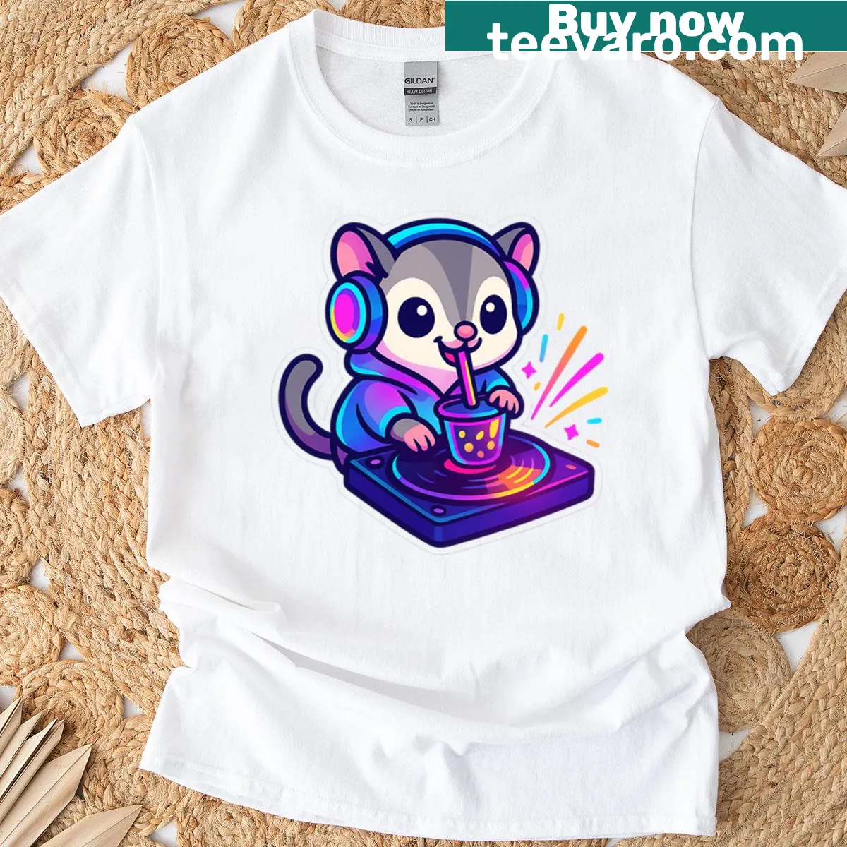 Cartoon neon sugar-glider DJ graphic T-shirt — on a men's t-shirt