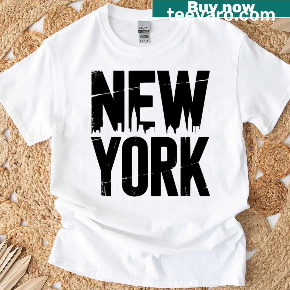 Minimalist black silhouette of the New York skyline — on a men's t-shirt