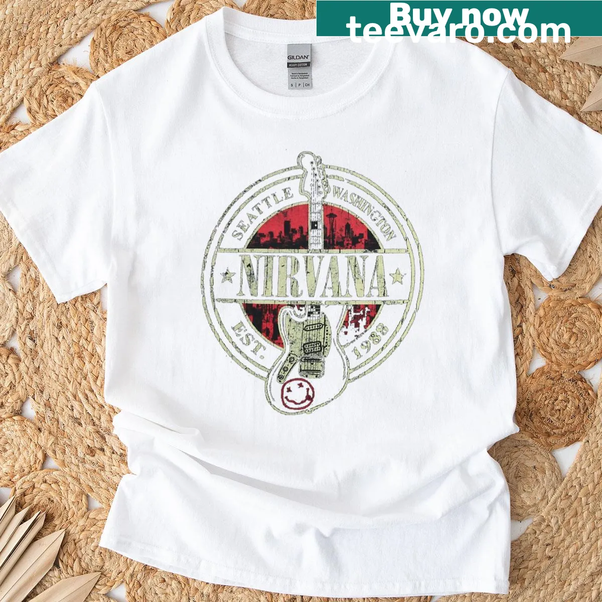 Vintage Nirvana T-shirt featuring a grunge guitar graphic — on a men's t-shirt