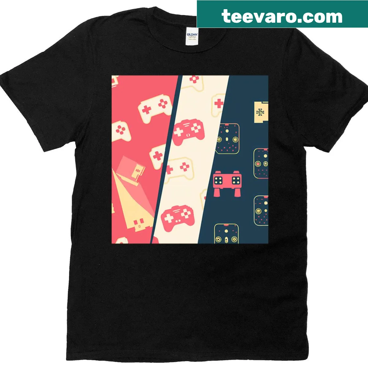 Oversized T-shirt featuring a collage of retro gaming controllers — on a men's t-shirt
