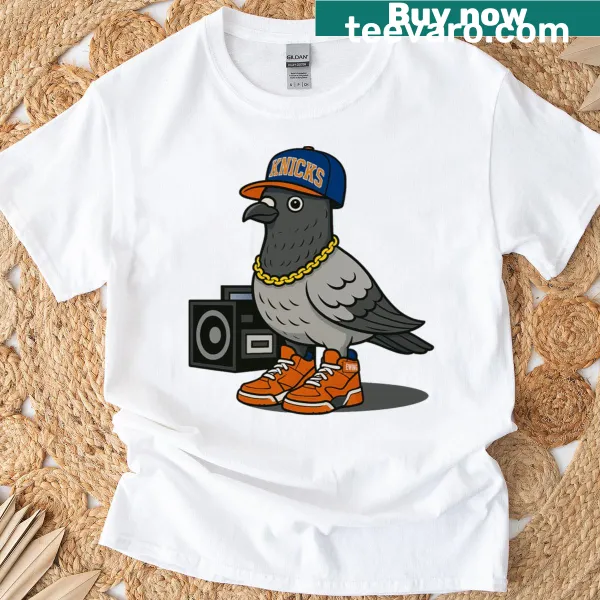 Cartoon t-shirt with a pigeon wearing a Knicks jersey