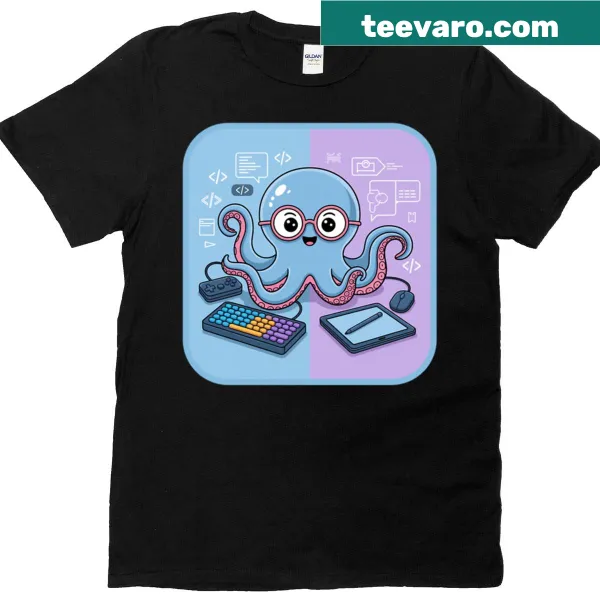 Cartoon octopus t-shirt illustrating a multitasking coder and gamer