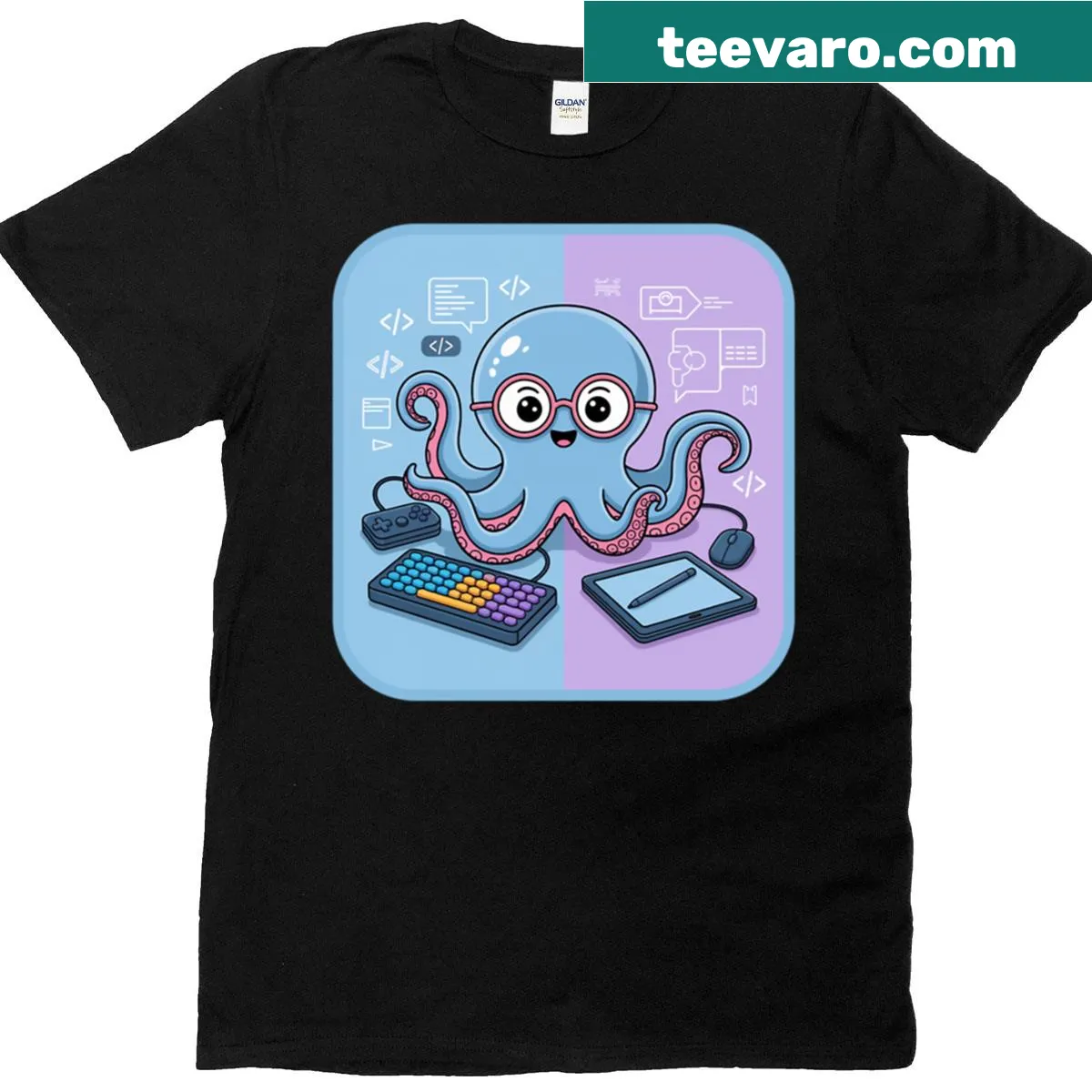 Cartoon octopus t-shirt illustrating a multitasking coder and gamer — on a men's t-shirt