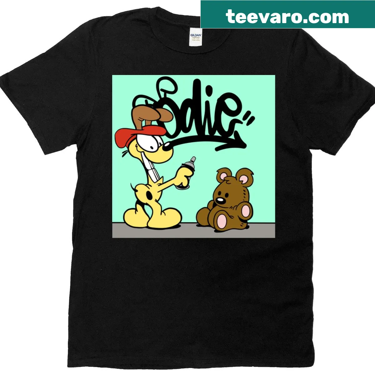 Graffiti-themed T-shirt featuring Odie the character — on a men's t-shirt