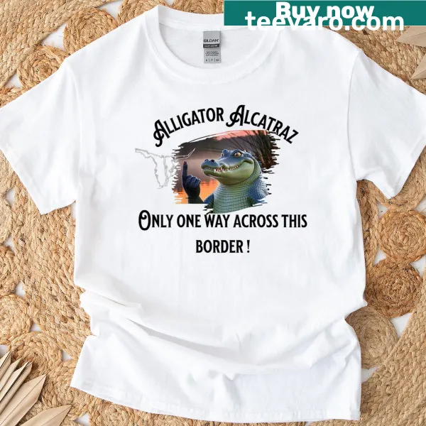 Whimsical illustration of an alligator and border sign on t-shirt