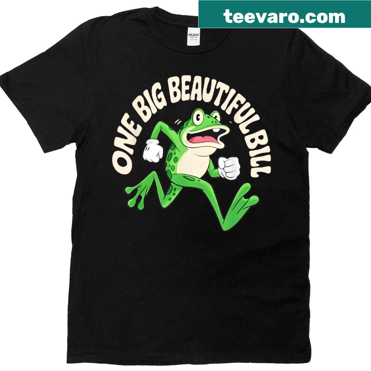 T-shirt featuring a large whimsical frog graphic — on a men's t-shirt