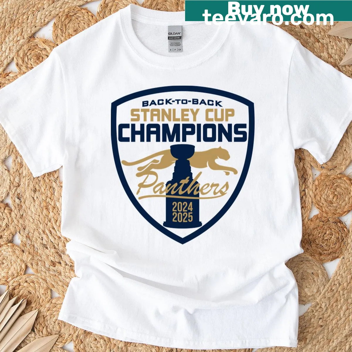 Panthers Champs t-shirt featuring bold team name and years. — on a men's t-shirt