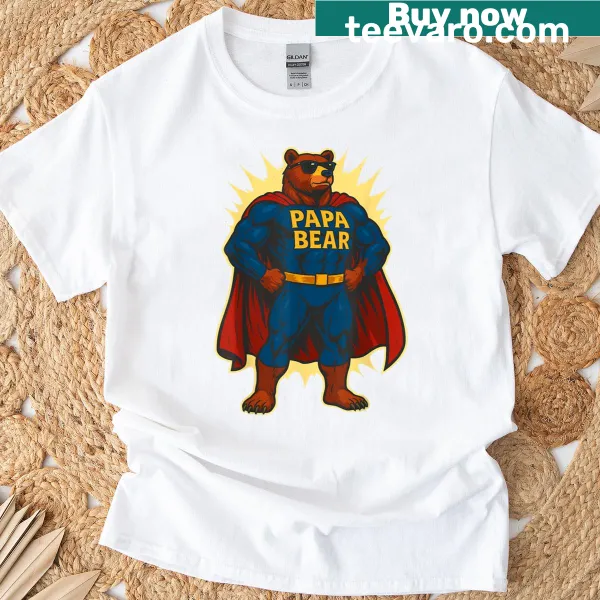 Illustrative Papa Bear t-shirt featuring a superhero bear design.