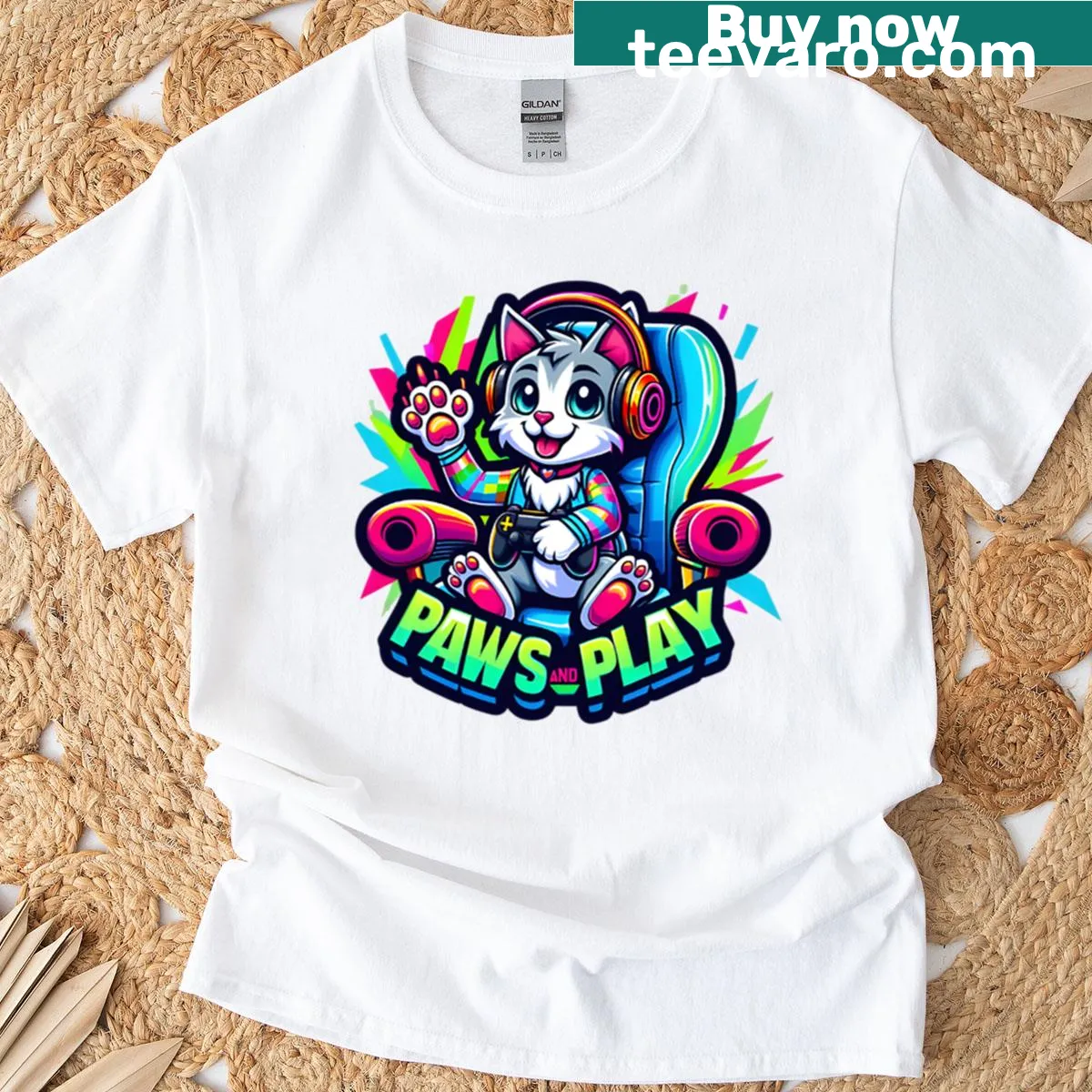 Cute gamer cat with headphones in cyberpunk style graphic on t-shirt — on a men's t-shirt