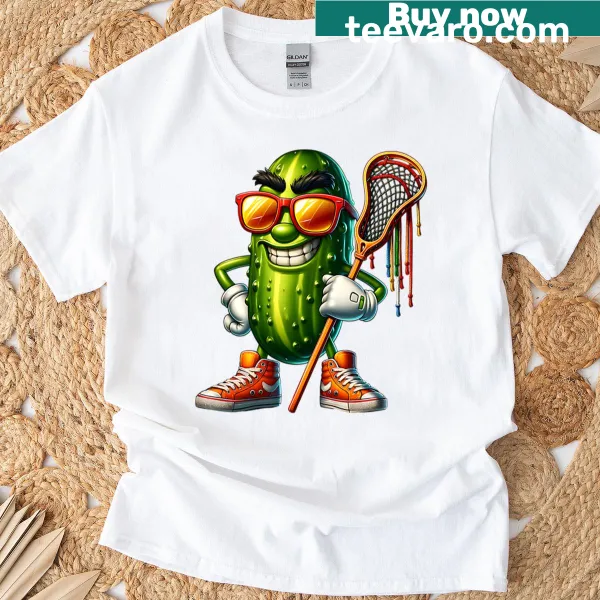 Cartoon pickle playing lacrosse on T-shirt