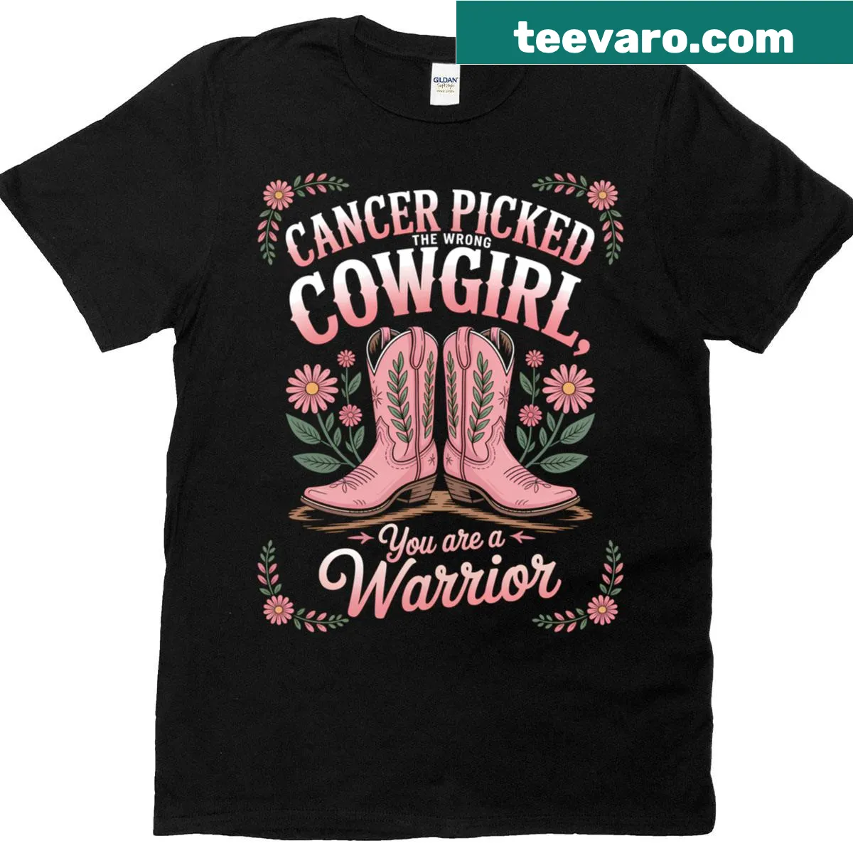 Illustration of pink boots with empowerment message on T-shirt — on a men's t-shirt