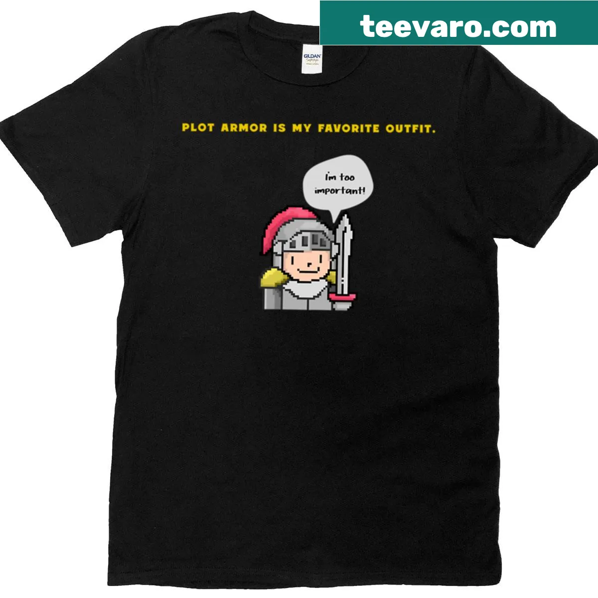 Pixel Knight design with humorous text about plot armor — on a men's t-shirt