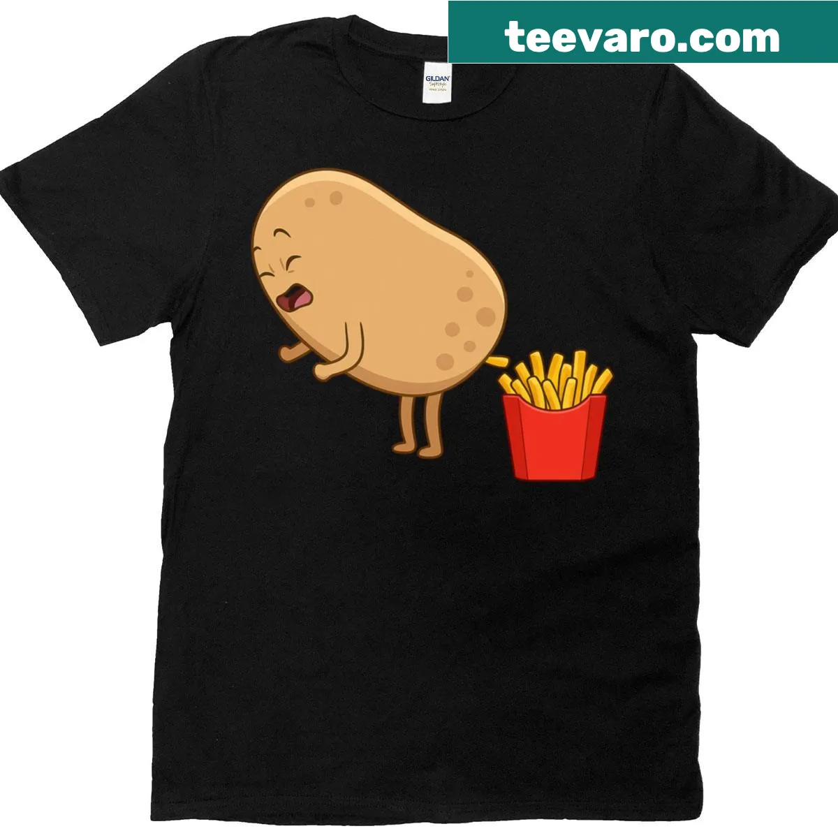 Funny T-shirt with cartoon potato pooping French fries — on a men's t-shirt