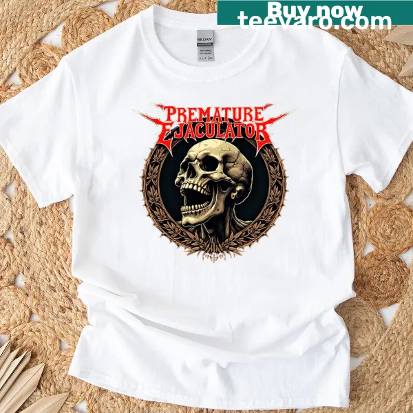Band t-shirt with a humorous 'Premature Ejaculator' graphic