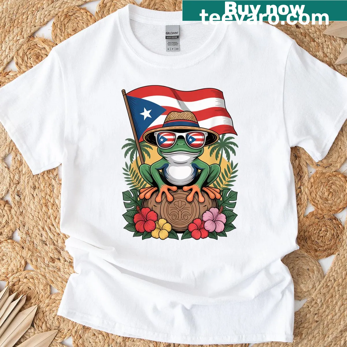 Illustration of Puerto Rican flag, coquí frog, and Taino sun — on a men's t-shirt