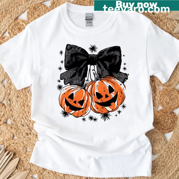 Cute Autumn-themed T-shirt with pumpkins and cherries illustration