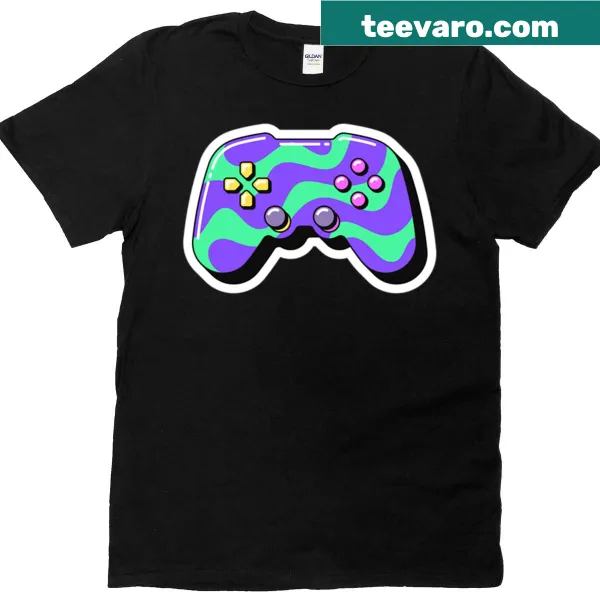 Pop art T-shirt featuring a purple and green gamepad with a wavy texture