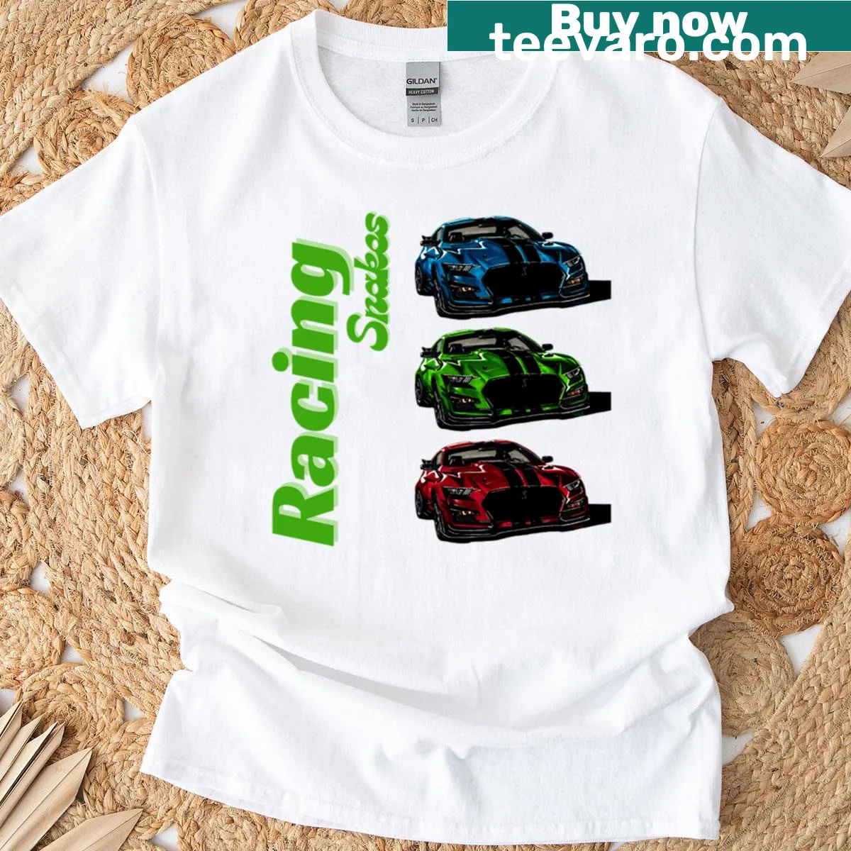Vintage distressed t-shirt featuring a muscle car and racing snakes design — on a men's t-shirt