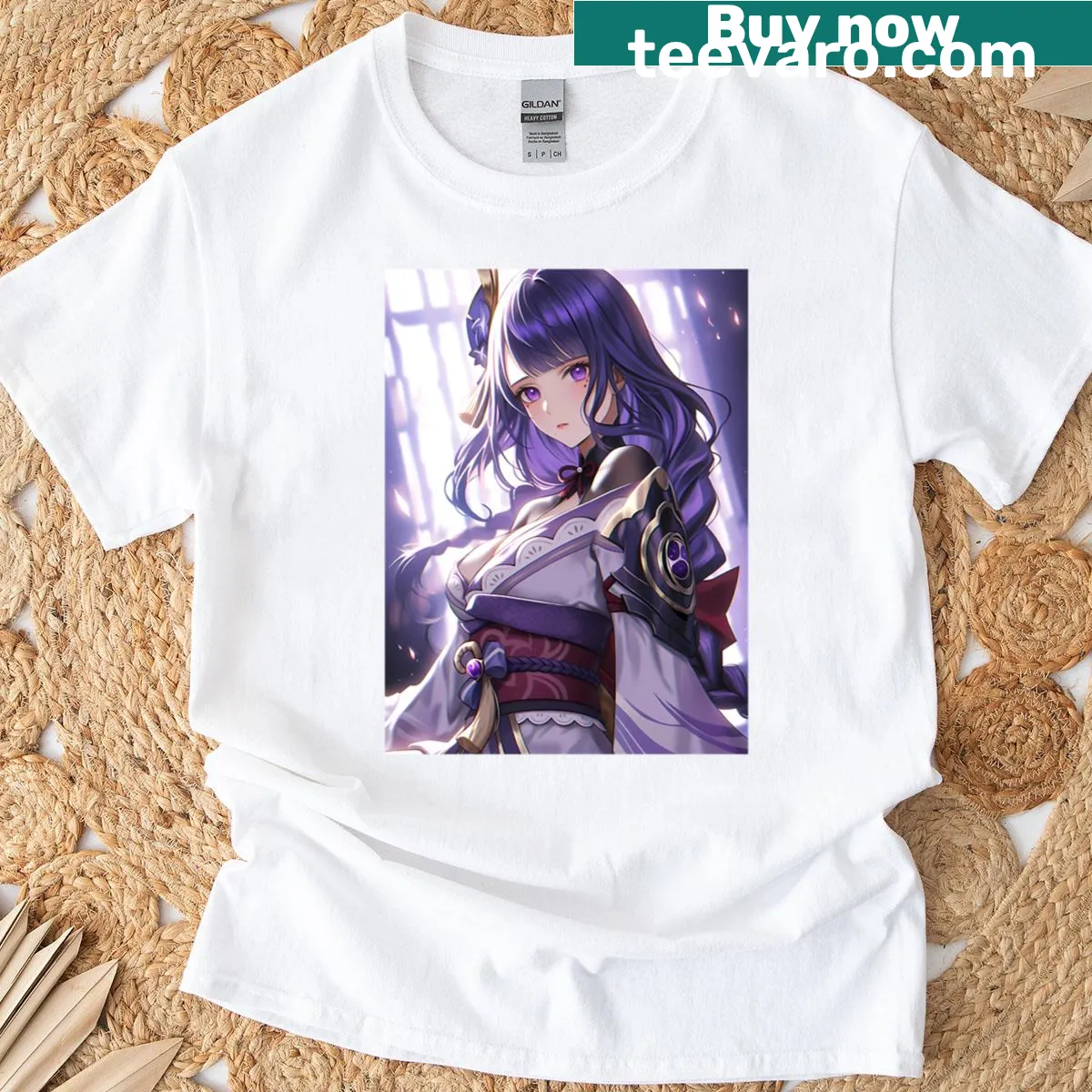 Oversized t-shirt featuring Raiden Shogun from Genshin Impact with divine lightning graphic — on a men's t-shirt