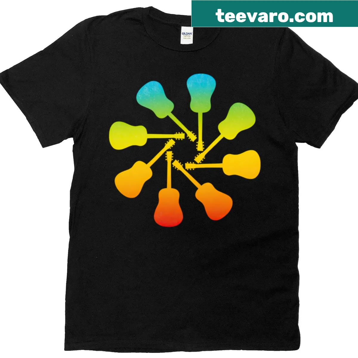 Circle of acoustic guitars design T-shirt for music lovers — on a men's t-shirt