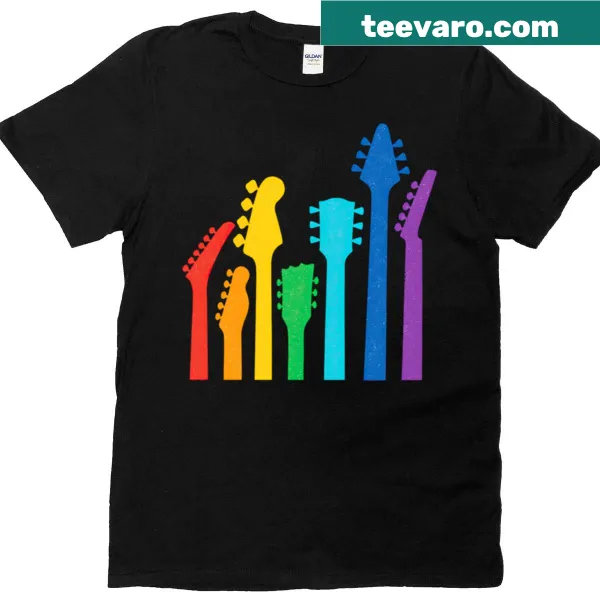 Silhouette T-shirt featuring a colorful lineup of guitar heads in a modern design