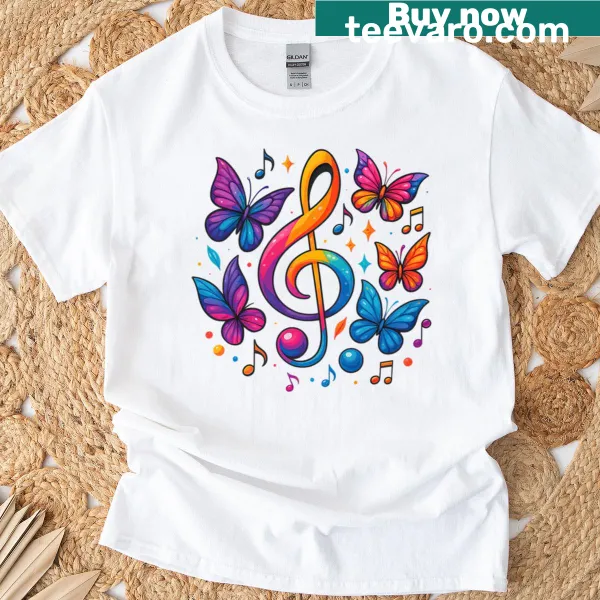 T-shirt featuring a rainbow music note with butterflies