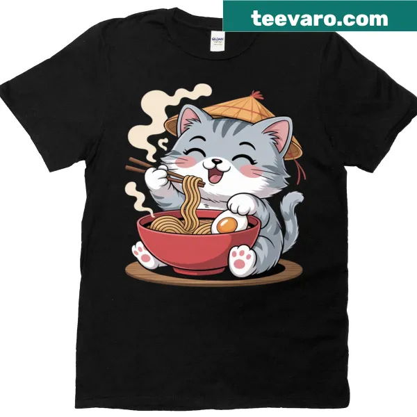 Kawaii T-shirt featuring a cartoon cat with ramen noodles